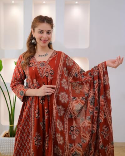 Image of Nermosa Women's Printed Anarkali Kurta and Palazzo Pant Set with Dupatta