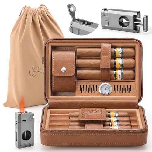Portable Travel Cigar Humidor Case, Leather Cedar Wood Cigar Case with Cigar V Cutter & Lighter, Built in Hygrometer & Humidifier, Velvet Storage Bag Included