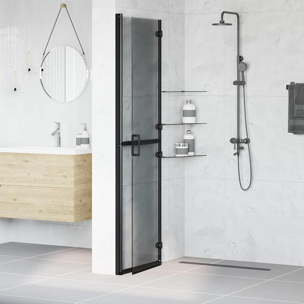 Ścianka prysznicowa Walk-In czarna z aluminium i szkła hartowanego, 110 x 6,5 x 190 cm, składana, do łazienki, ochrona przed rozpryskiwaniem, zajmuje mało miejsca szklana ścianka do wnętrz