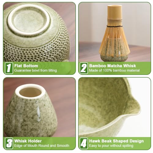 مجموعة خفق شاي ماتشا ياباني من 5 قطع تتضمن وعاء شاي ماتشا من خيزران البامبو بفوهة سكب ومغرفة غربال شاي من الفولاذ المقاوم للصدأ وحامل خفاق لصنع الشاي الأخضر يدويًا وفقًا لطقوس الصنع التقليدية