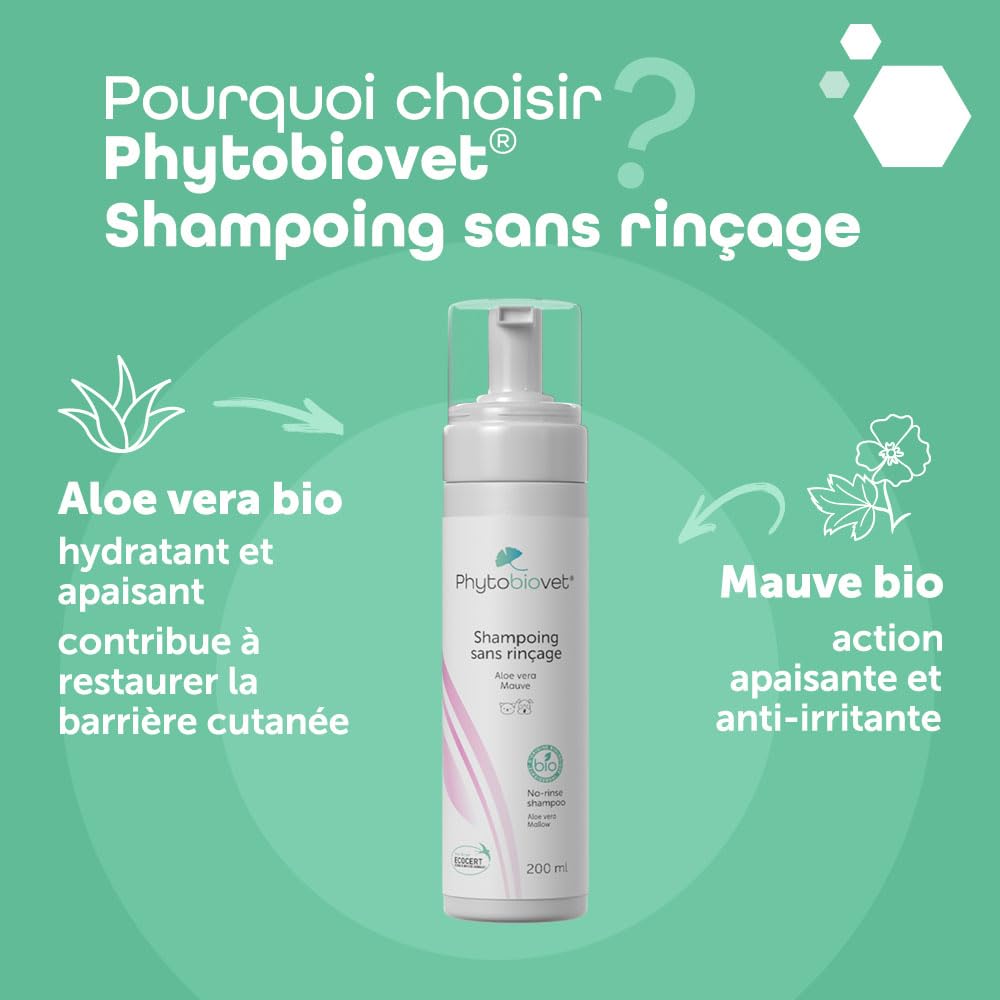 MP Labo Phytobiovet® Shampoing sans Rinçage pour Chien et Chat 200 ML - A l’Aloe Vera et à la Mauve - Labellisé Ecocert Ecosoin Bio des Animaux