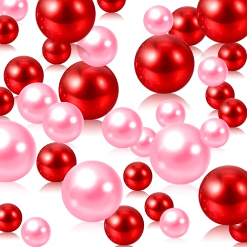 Pink Red Vase Filler | 150PCS Pearls Bead for Centerpieces Vases | 8/14/20 mm No Hole Beads, Fake Pearls for Wedding Birthday Valentine's Day Theme Party Table Centerpieces Decors