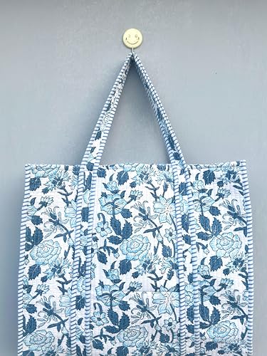 Image of Quilted Cotton Handprinted Reversible Large multicolor Floral Tote Bag,Hand Block Print Shopping Shoulder Carry Bag
