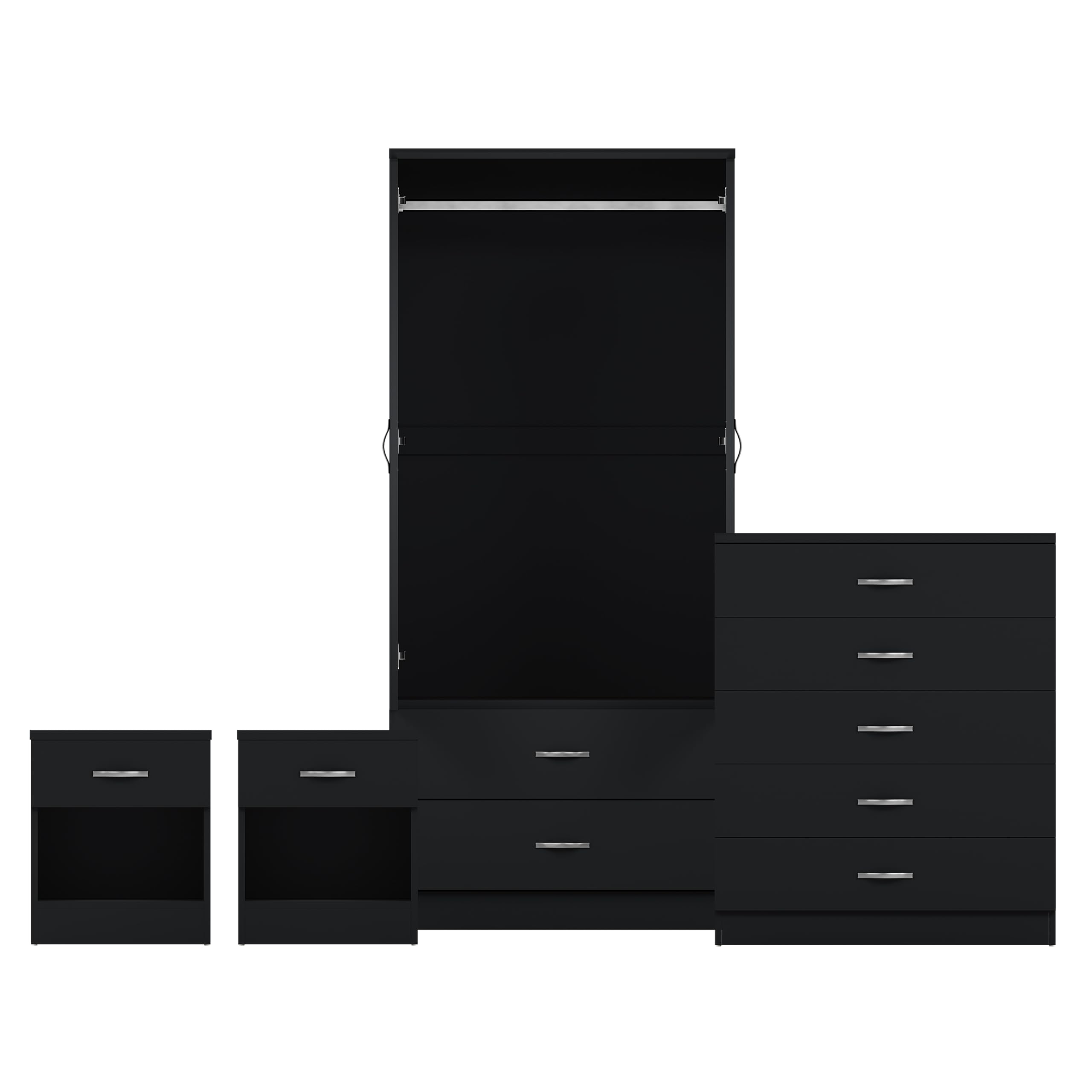 Vida Designs Riano - Juego de dormitorio de 4 piezas (1 cajón, cómoda de 5 cajones, armario de 2 puertas y 2 cajones), color negro (5)