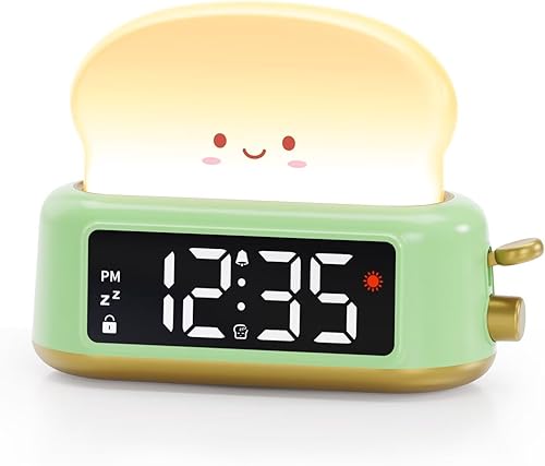 Reloj despertador para niños, reloj despertador digital para dormitorios, linda luz nocturna de tostadas, temporizador, repetición, brillo