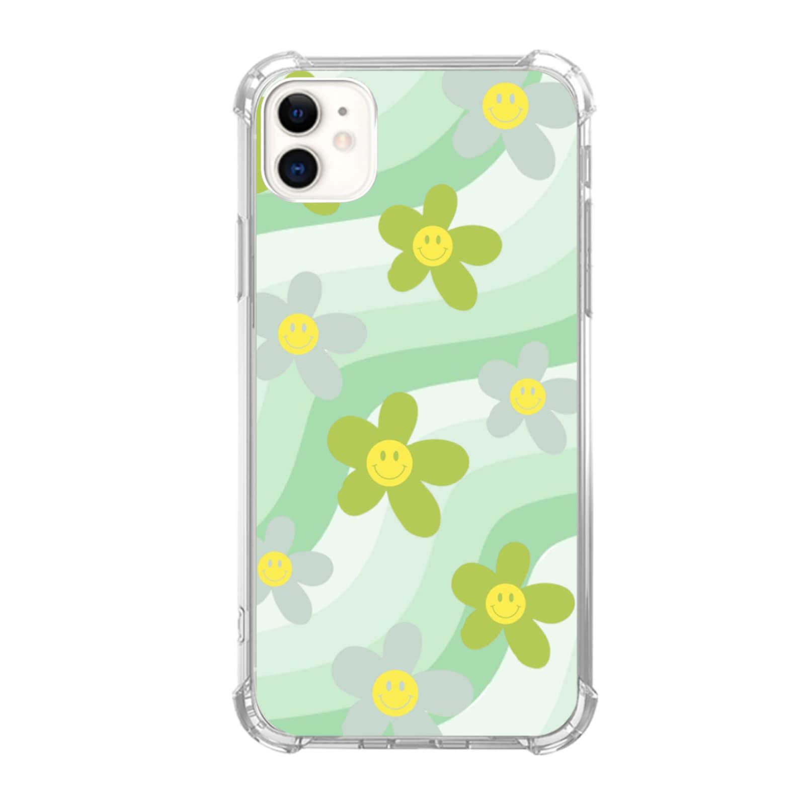 Elifi Edeal Wave Daisies Phone Case Compatible for iPhone 11, Sage Green Waves and Retro Smile Face Flowers Cover for Girls Boys Wen and Women, Unique Trendy TPU Bumper Case for iPhone 11