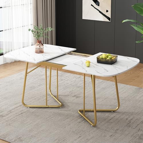 HaoChrymec Mesa de Comedor Extensible con Estructura de Madera MDF, Patas de Metal Dorado, Diseño Moderno Minimalista, Mesa Rectangular, para 4–6 Personas, Blanco, 140/180x80 cm