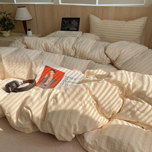 Image of MKXI Full Size Duvet Cover Set - 3 Piece Apricot White Vertical Stripe Bedding, Washed Cotton Soft Like Linen Textured Comforter Cover for All Seasons, Coastal Modern Farmhouse Decor
