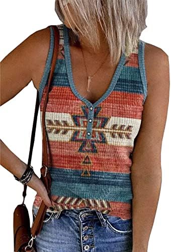 Western Aztec Print V Neck Women Henley Tank Tops Summer Ribbed Sleeveless Shirts Casual Loose Button Tank Tops