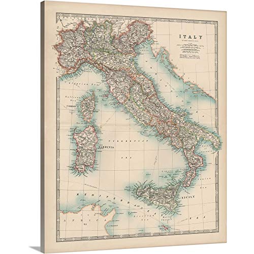 CANVAS ON DEMAND Johnston's Map of Italy Canvas Wall Art Print by Johnston Art, Vintage, Home Decor, Europe, Artwork,24" x30in