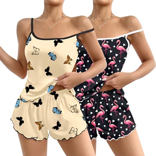 Image of Ekouaer 2 Pack Womens Cami Pajama Sets Cute Print Tank Top Pjs and Shorts Camisole Lounge Set