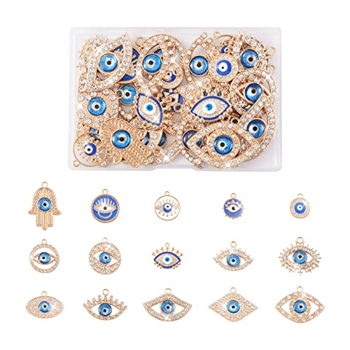 Cheriswelry 30Pcs Alloy Enamel Eye Charms Assorted Evil Eye Blue Pendants With Rhinestone Resin Bead 15 Styles For 18.5-32Mm Diy Necklace Bracelet Earring Jewelry Making #TOP7