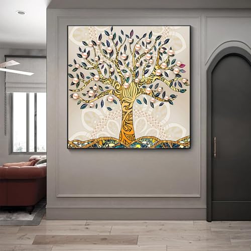 Arbre de vie sur toile KEBIA 40x40 pour réveiller un mur de salon blanc et sans relief