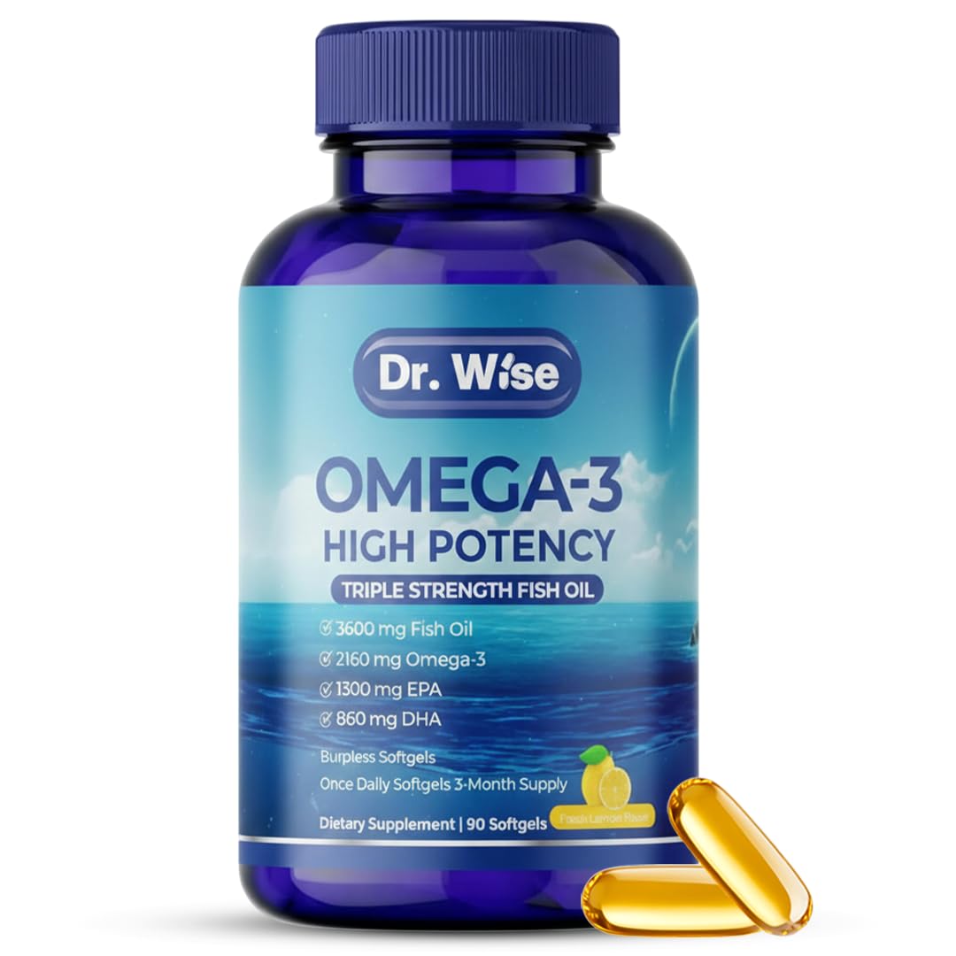 Triple Strength Omega 3 Fish Oil 3600mg – 1300mg EPA & 860mg DHA- Once Daily – Burpless Lemon Flavor, – Supports Heart, Brain, Joint & Eye Health – Wild Caught, Non-GMO, 90 Softgels, 3-Month Supply