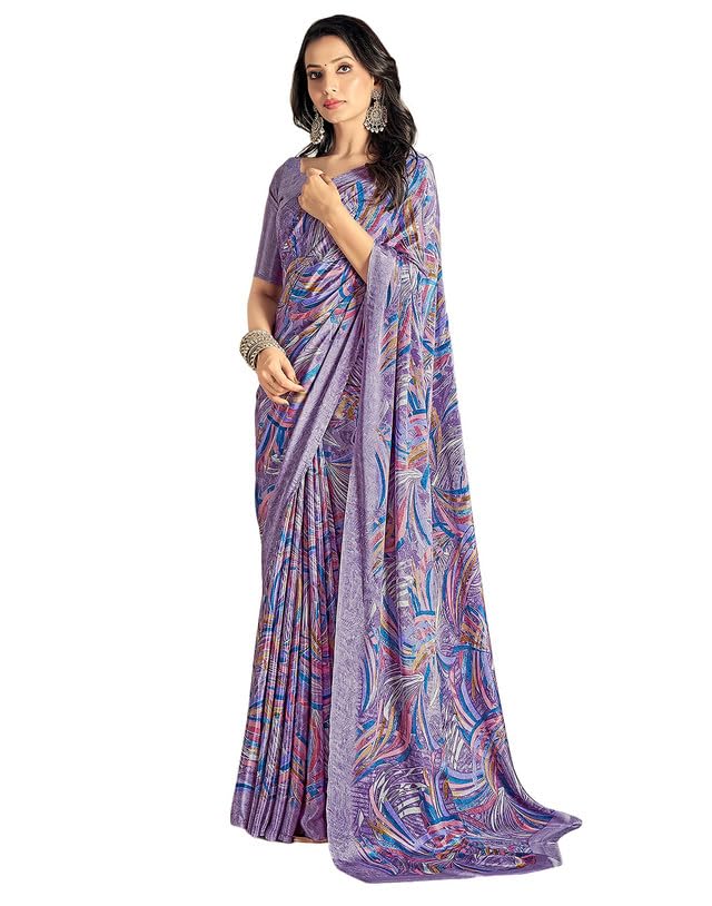 Image of SIRIL Women's Printed Silk Crepe Saree with Unstitched Blouse Piece
