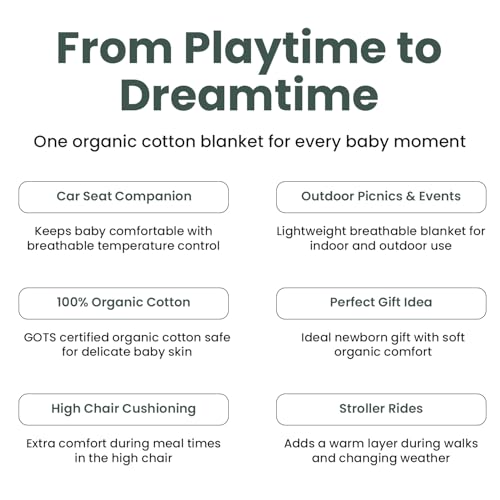 Image of Emily Design 100% Organic Cotton Baby Blanket 80 x 100 cm Dark Green - GOTS Certified, Soft Swaddling Cloth, 80 x 100 cm, Gender Neutral, Newborn Cuddly Blanket