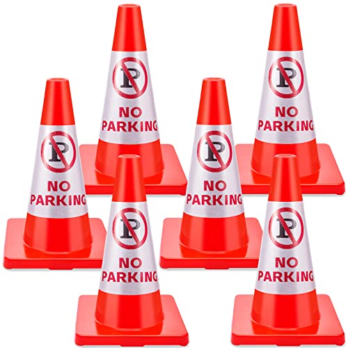 Henoyso 6 Pack 18 Inch No Parking Reflective Cone, Traffic Safety PVC Cones for Park Lot, Orange Construction Cone with No Parking Reflective Collars 360-degree for Driveway Road Outdoor