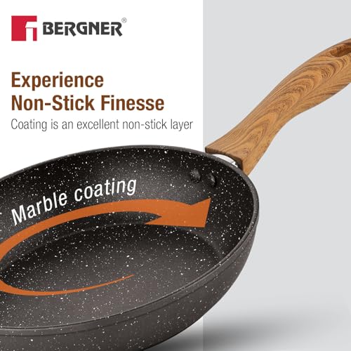 Image of Bergner Ivory Black Granite Non-Stick 4 Pcs Cookware Set - 24cm (2.5L) Kadai with Glass Lid, 24cm Frypan, 28cm Dosa Tawa, Forged Aluminium, Soft Touch Handle, PFOA Free, Induction and Gas Stove Ready