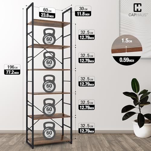 Image of CAPHAUS 6 Tier Bookshelf, 24 Inch Width Free Standing Shelf, Bookcase Shelf Storage Organizer, Industrial Book Shelves for Home Office, Living Room, Kitchen, Rustic Oak Vintage Shelves & Metal Frame