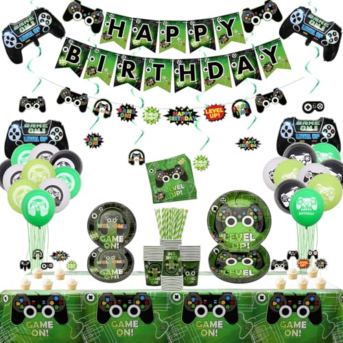 PIXHOTUL Video Game Party Accessories - Gaming Themed Birthday Party Decor for Boys and Players - Including Plates, Cups, Napkins, Tablecloths, Hanging Swirls, Banners and Balloons for 20