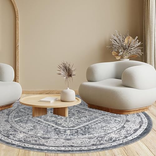 KUTA Oriental Round Rugs 6ft, Grey Circle Rug Washable 6ft, Non-Slip Printed Vintage Medallion Carpet for Living Room Dining Kitchen Indoor Entryway