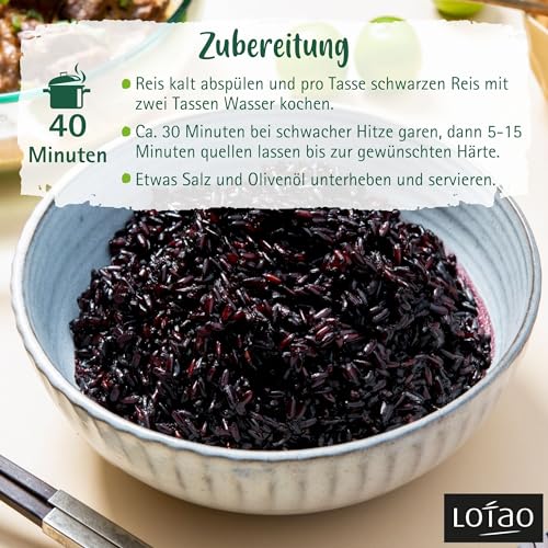 Lotao Schwarzer Reis (1x 1000g, Bio Qualität) ROYAL PEARL BLACK | Hochwertiger Bio Vollkornreis: Ohne Zusätze und ungeschält | Der schwarze Reis als Hingucker für Asia Küche: Thai Chinesisch uvm.