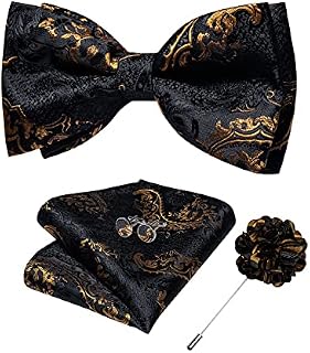 DiBanGu Silk Bow Tie for Men with Pocket Square Lapel Pin Cufflinks Self Tied Bowtie Set