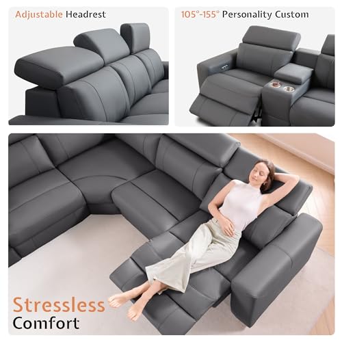 Image of AMERLIFE Power Recliner Sectional Sofa with Storage /USB Port, Leather Recliner Sofa with Adjustable Headrest, Reclining Sectional Couches with Console and Cup Holder for Living Room (Gray, 5-Seater)