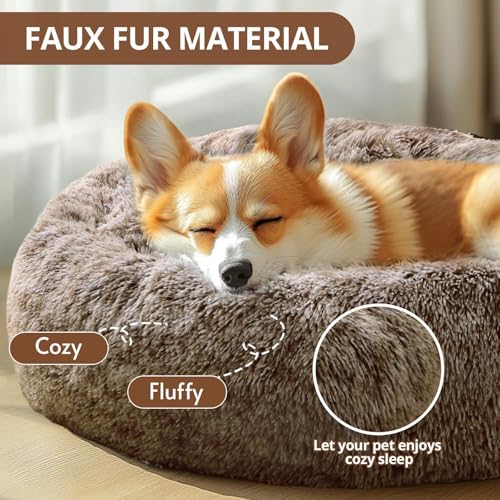 Image of JOLLYVOGUE Calming Dog Beds Large Sized Dog, 36in Donut Washable Large Pet Bed, Anti-Slip & Anti-Anxiety Fluffy Faux Fur Round Dogs Bed, Fits up to 80 lbs Pets (Smoke Brown)