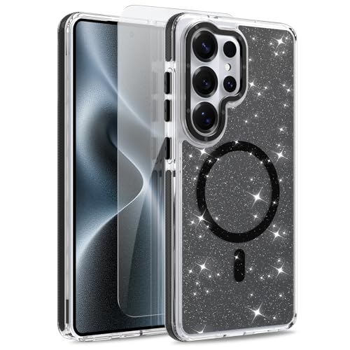 Image of Magnetic Case for Samsung Galaxy S26 Ultra [Compatible with Magsafe] [Bling Glitter Fluorescent Design] [1 Screen Protector] Slim Translucent Matte Case for Galaxy S26 Ultra 6.9 inch, Black