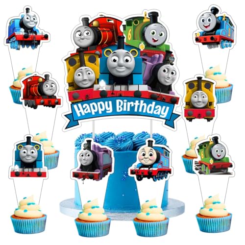 25pcs Thomas Train Themed Party Supplies with 24pcs Cupcake Toppers 1pcs Cake Topper for Thomas Train Birthday Decorations