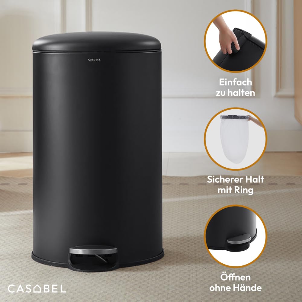 CASABEL runder Küchenabfalleimer 50L, Edelstahl, schwarz | Pedalöffnung, Soft-Close, fingerabdruckresistenter Edelstahl, Beutelhaltering, Tragegriff, pflegeleicht