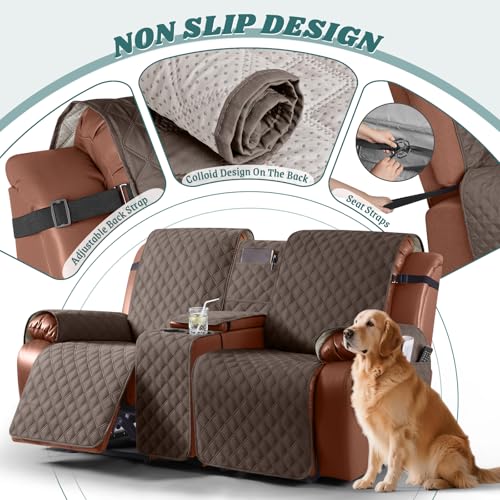 Image of Ruaozz Waterproof Loveseat Recliner Cover with Console Non-Slip Reclining Couch Covers Split Sofa Slipcovers with Elastic Straps Furniture Protector for Kids, Dogs, Pets(Brown, 2 Seater)