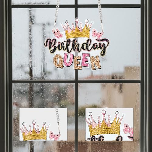 Image of AiYuanzsh Birthday Queen Diamond Painting Hanging Sign - 5D DIY Diamond Art Kit with Crystal Rhinestones, Wall Door Window Decoration, Gift for Women or Adults