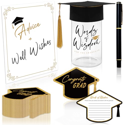 JarThenaAMCS 104 Pcs 2025 Graduation Gifts Memory Jar Advice& Wishes Guest Book Cards Graduate Favors Words of Wisdom Glass Bottle Felt Cap Ballpoint Pen for College Congrats Grad Party Decorations