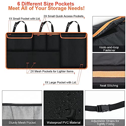 URAQT Organizer Bagagliaio Auto, 100 x 45cm Super Capacità Universale Organizer Auto, con 6 Tasca e 3 Cinghie Regolabili, Protezione Sedile Auto Bambini Impermeabile per SUV Minivan Camion