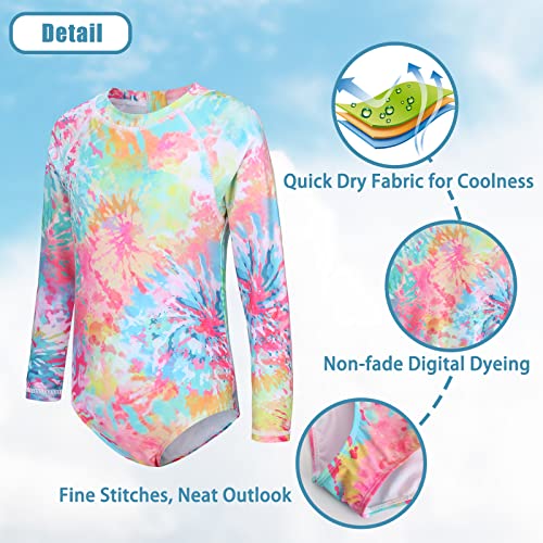Girls Long Sleeve Rash Guard One Piece Swimsuits for Kids Tie Dye Bathing Suit UPF 50+ Swim Shirts 3-16 Years3