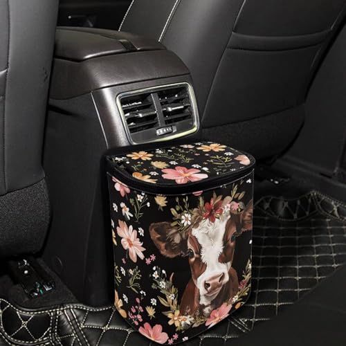 Image of Talayituse Cow Flower Print Car Trash Can, Portable Auto Garbage Bin Multifunctional Vehicle Interior Accessories with Adjustable Straps Universal Fit Truck SUV Sedan