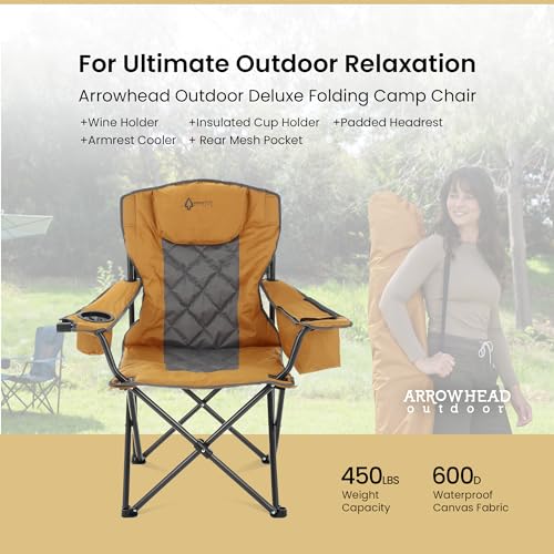 ARROWHEAD-OUTDOOR-Portable-Folding-Camping-Quad-Chair-w-6-Can-Cooler-Cup-Wine-Glass-Holders-Heavy-Duty-Carrying-Bag-Padded-Armrests-Headrest-Seat-Supports-up-to-450lbs-USA-Based-Support