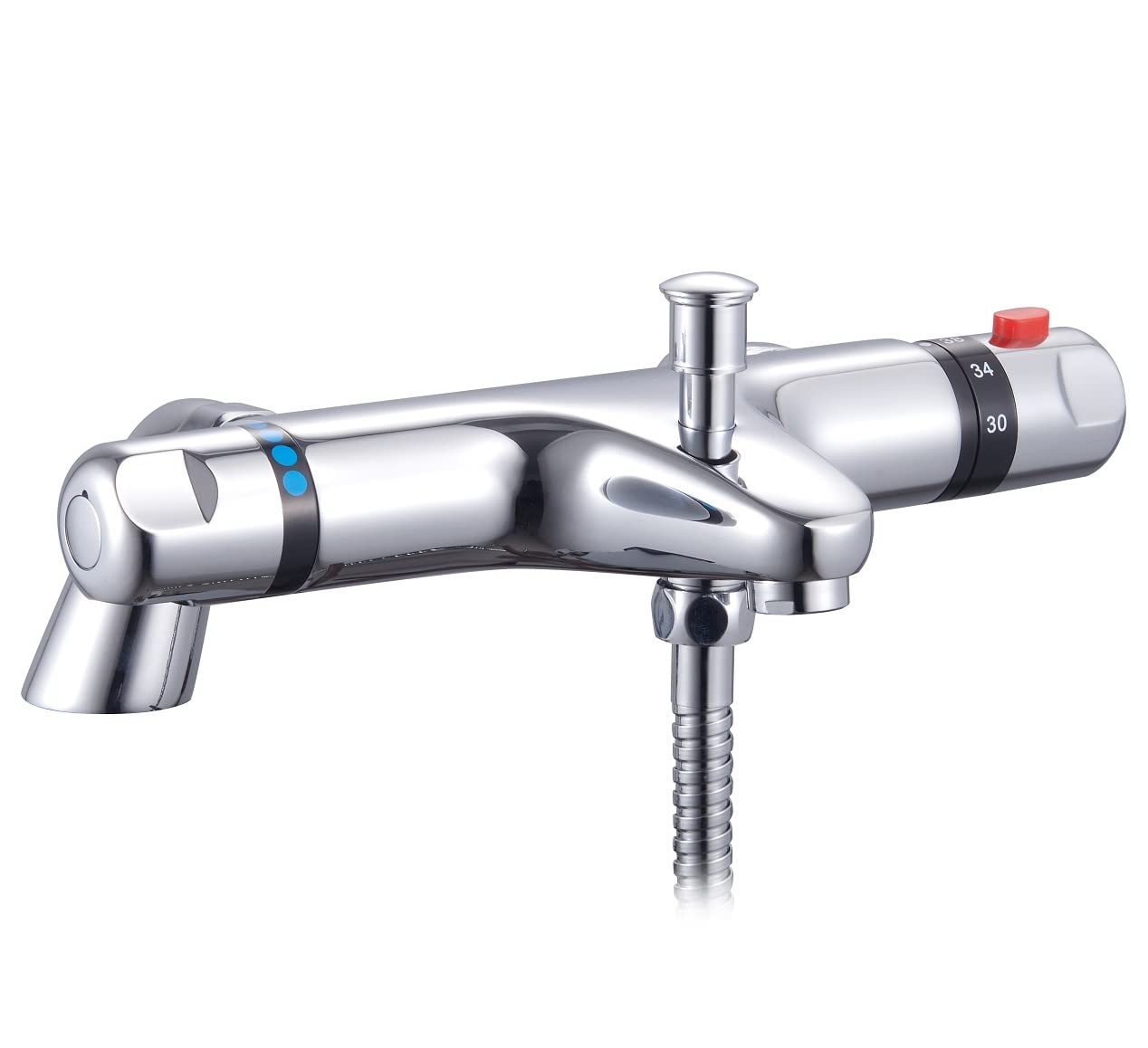 ™ Bateria termostatyczna do wanny i natrysku z zestawem prysznicowym do łazienek, chromowana, montowana na blacie, z dolnym wyjściem G1/2", 38°C, blokada bezpieczeństwa, antyoparzeniowa, mosiężna, n