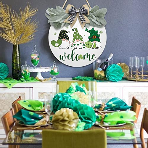 St Patricks Day Welcome Door Sign For Front Door Welcome Shamrock Gnomes Pattern Wreath Door Sign With Greenery & Bow Wooden Round St Patricks Day Decoration For The Home Farmhouse Decor (White) #TOP6