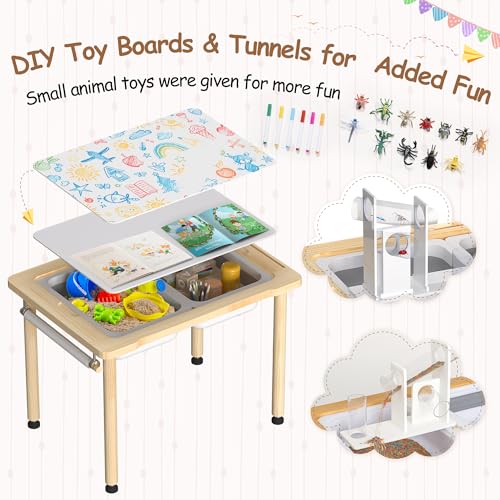 Image of BRINJOY Sensory Table for Toddlers, Kids Activity Desk with 2 Stools & Storage Bins, 3 in 1 Wood Sand and Water Table with Colored Pens & Animal Toys & DIY Tunnels for Indoor Outdoor Gifts