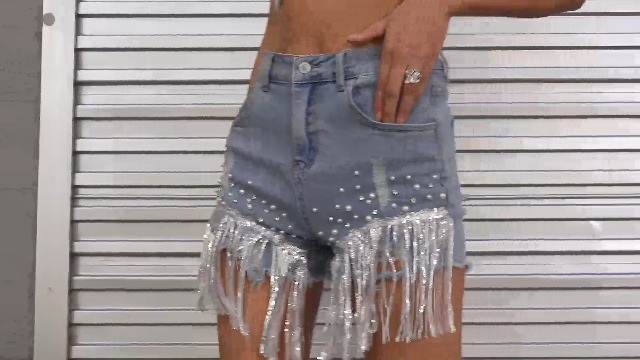 LifeShe Women's Denim Rhinestone Shorts Pearl Beaded Frayed Raw