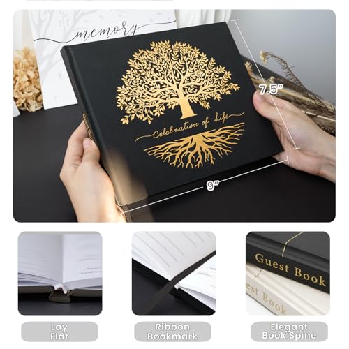 Image of Funeral Guest Book for Celebration of Life, in Loving Memory Sign in Book | 320 Entries, Table Sign Card Included, Gold Stamping, Twill-Textured Paper Cover, Memorial Keepsake, 9x7.5 inch, Tree