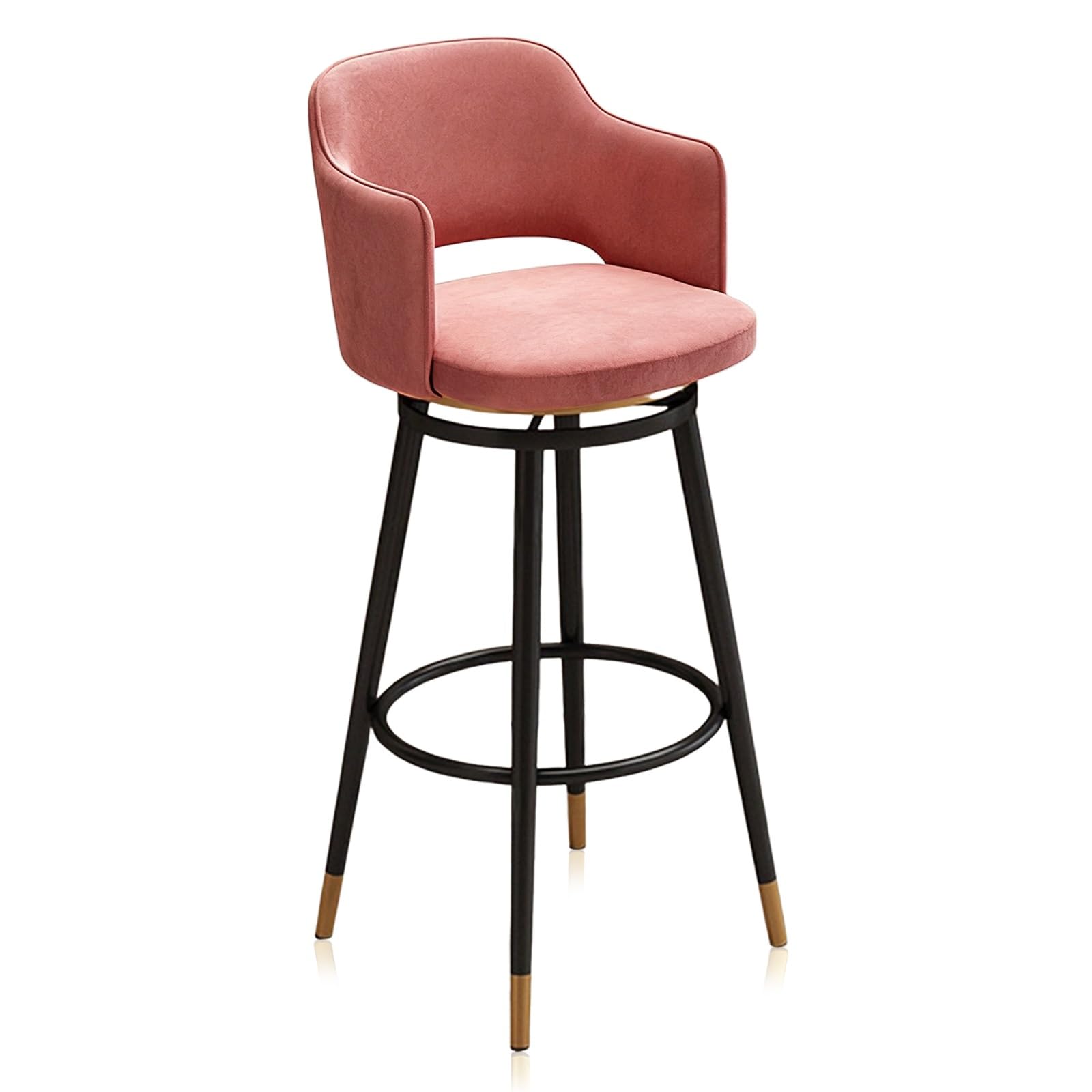 KLZUOPT Luxury Barstool Counter Height Bar Stools Set of 1, Swivel Velvet Upholstered Chairs with Black Footrest and Back, Mid Century Bar Chair Modern Barstools for Kitchen Island(Pink,65cm(25.6in))