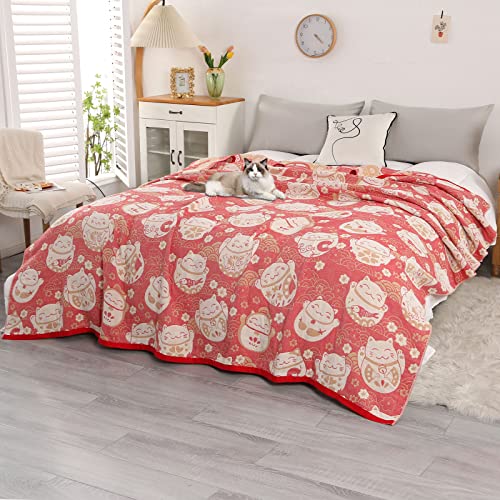 DECMAY Musselin, warmer Bohe-Decke, 4-lagige Baumwolle, weiche Decke für Bett, Couch, super weich, gemütlich für alle Jahreszeiten, Queen-Size-Größe (rote Glückskatze, 203,2 x 231,1 cm) Cover