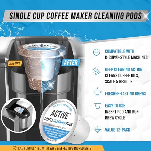 Image of ACTIVE K-Cup Compatible Keurig Cleaning Pods - Quick-Rinse Cleaners for Single Serve Coffee Machine, 12 Month Coffee Maker Cleaner Kit, Brewer Clean Cups for Keurig 1.0, 2.0, Mini Machines - 12 Pack