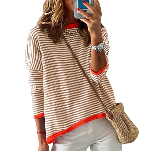 Image of Wowcarbazole Women's Pullover Sweaters Striped Long Sleeve Crew Neck Color Block Sweater Tops Casual Loose Knit Shirts