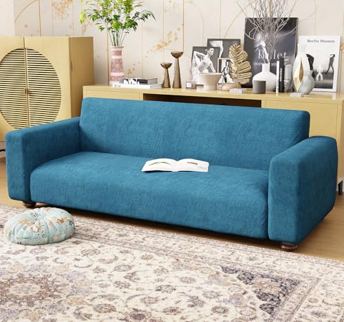 Image of Lukzer 3 Seater Blue Lining Design Universal Sofa Cover | 360 Fully Covered Anti-Slip Washable Couch Cover Protecter | 140 GSM Stretch Fit Polyester + Spandex Slipcover (180-230cm /SC-022-03)