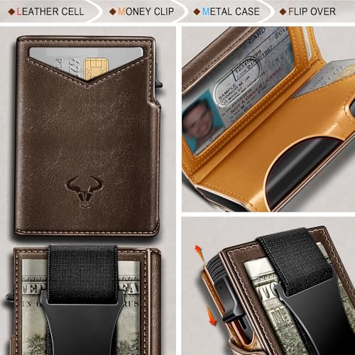 Image of BULLIANT Men Slim Leather Wallet Metal Case Money Clip-Magnetic Closure